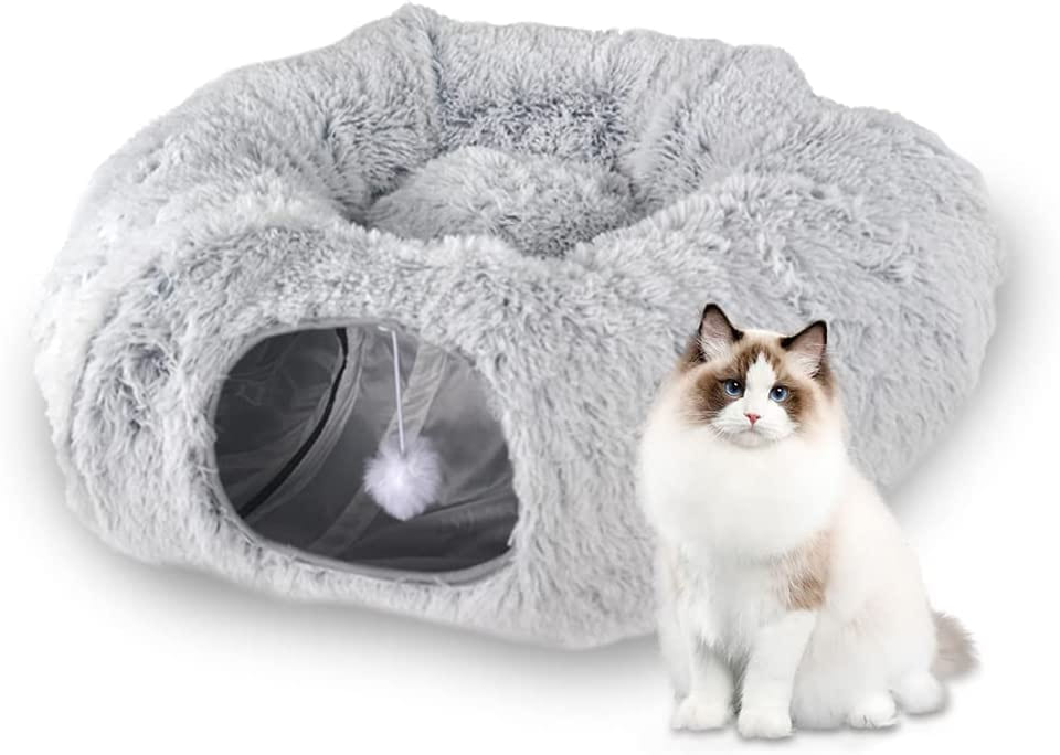 Cat Tunnel Bed – Foldable & Cozy Pet Hideout-Donut rolling cage cat tunnel plush soft pet nest cat channel entertainment drilling hole