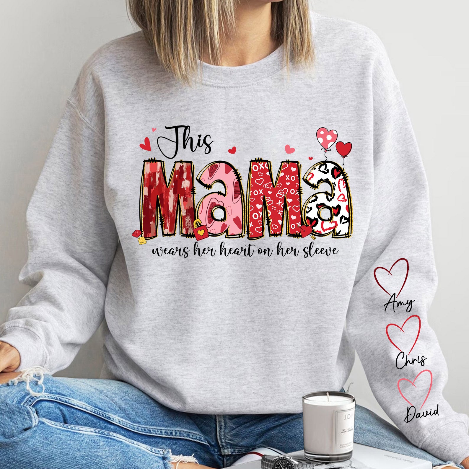 Personalized Heart on Her Sleeve Mom Sweatshirt