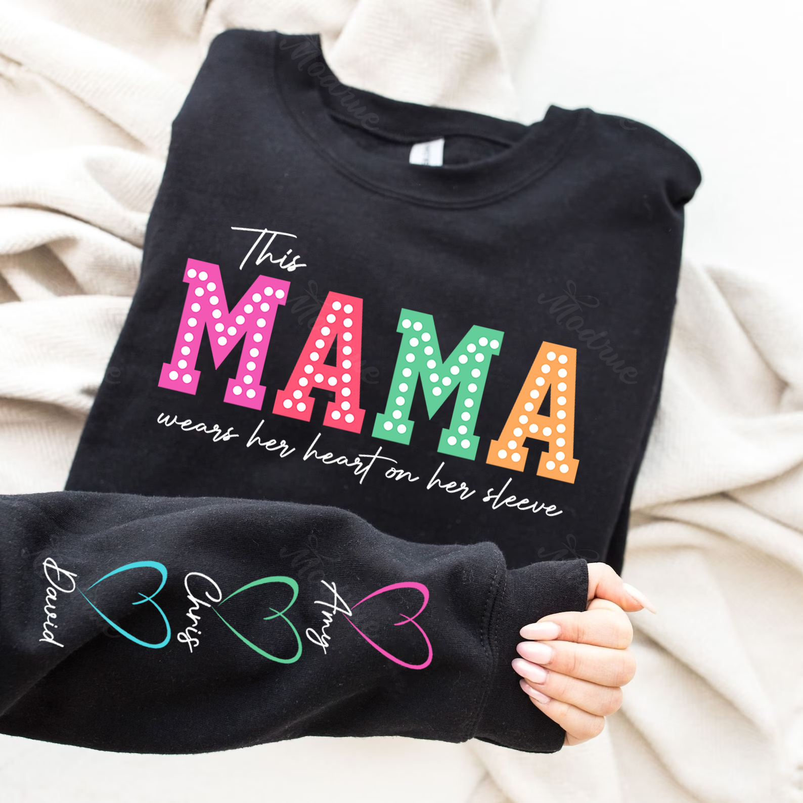 This Mama/Grandma/Nana Wears Her Heart on Her Sleeve Custom Kids Names Sweatshirt