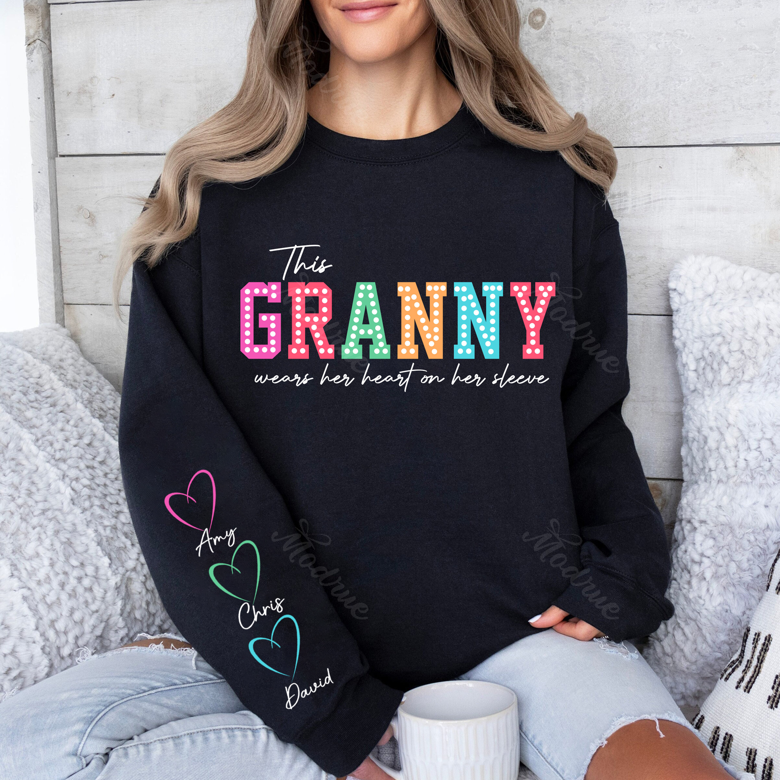 This Mama/Grandma/Nana Wears Her Heart on Her Sleeve Custom Kids Names Sweatshirt