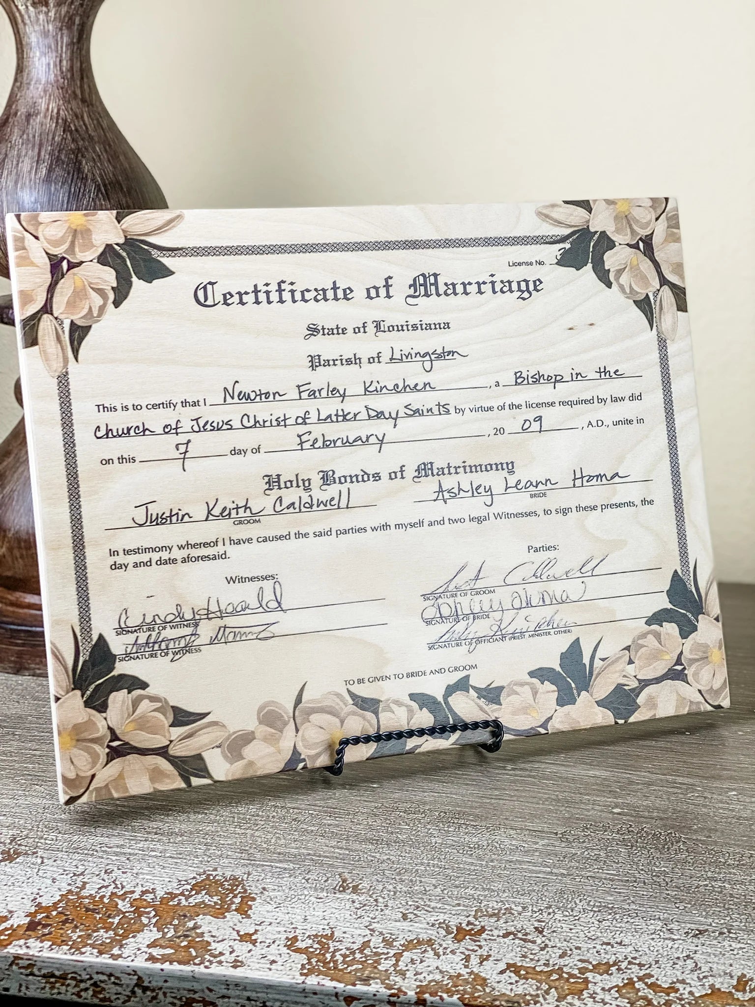Marriage Certificates on Wood