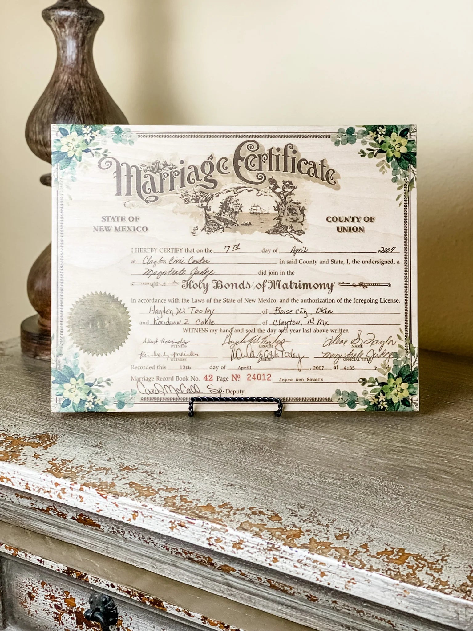 Marriage Certificates on Wood
