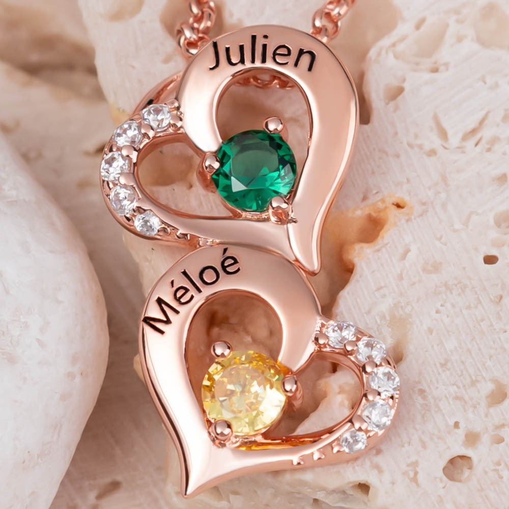 Personalized Hearts Necklace With Names and Birthstones