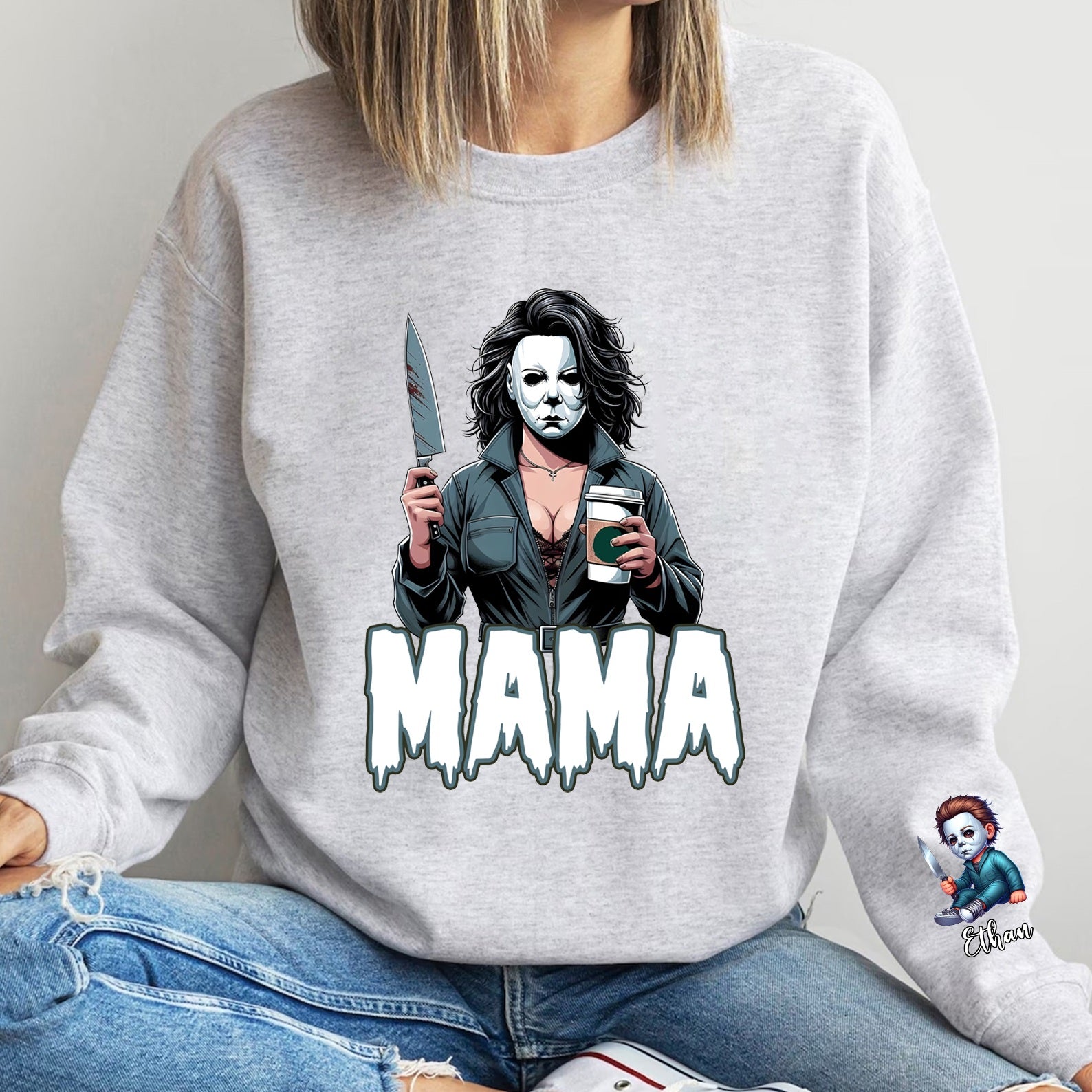 Personalized Halloween Horror Characters MAMA Sweatshirt with Kid's Name