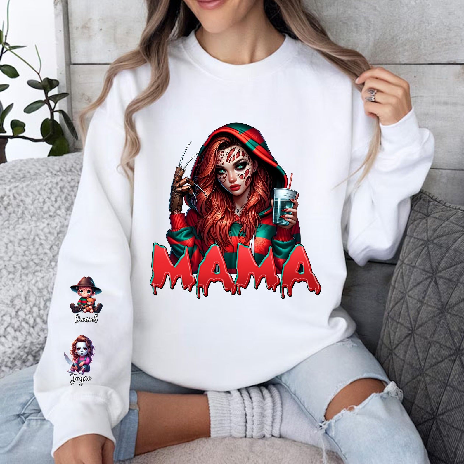 Personalized Halloween Horror Characters MAMA Sweatshirt with Kid's Name