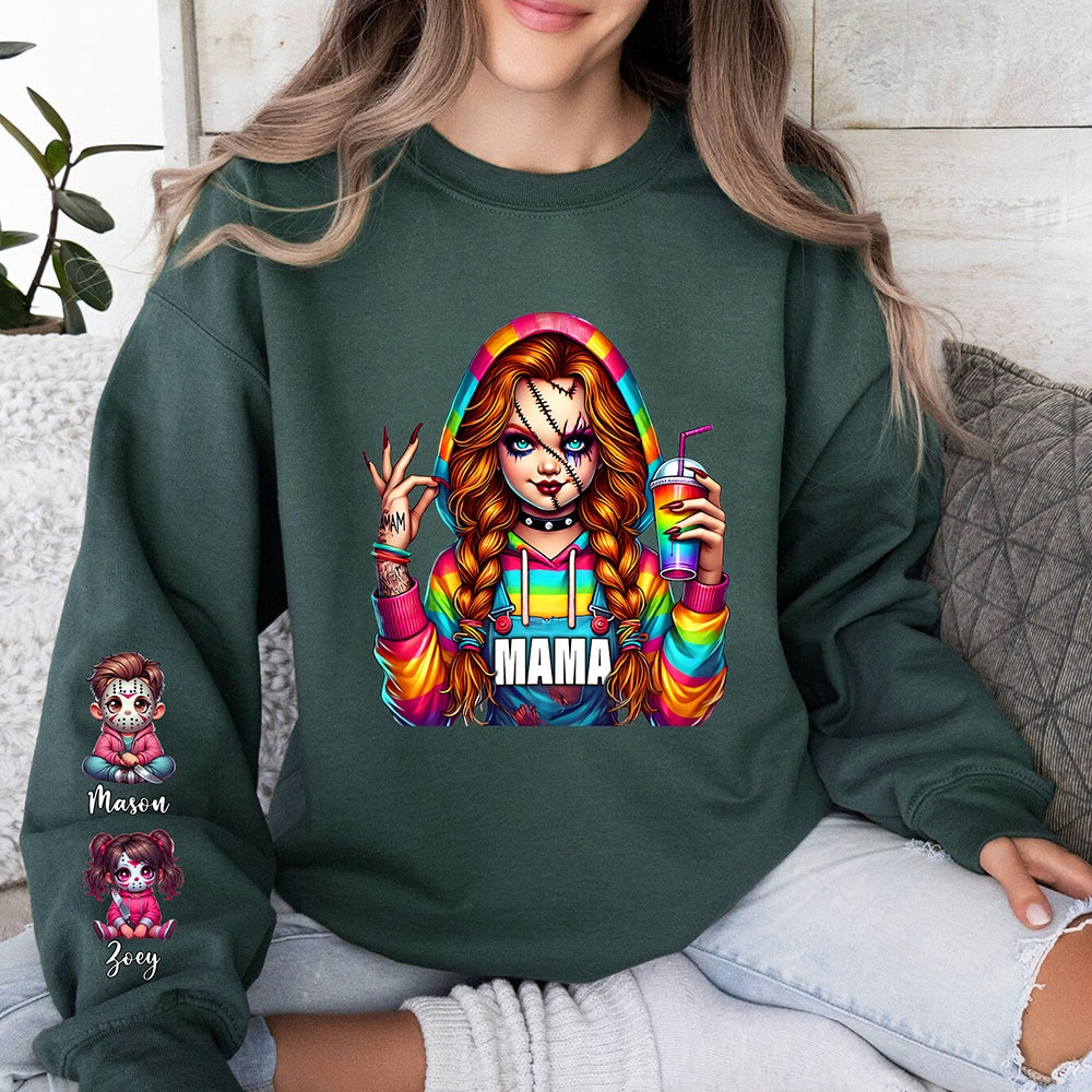 Personalized Halloween Horror Characters MAMA Sweatshirt with Kid's Name