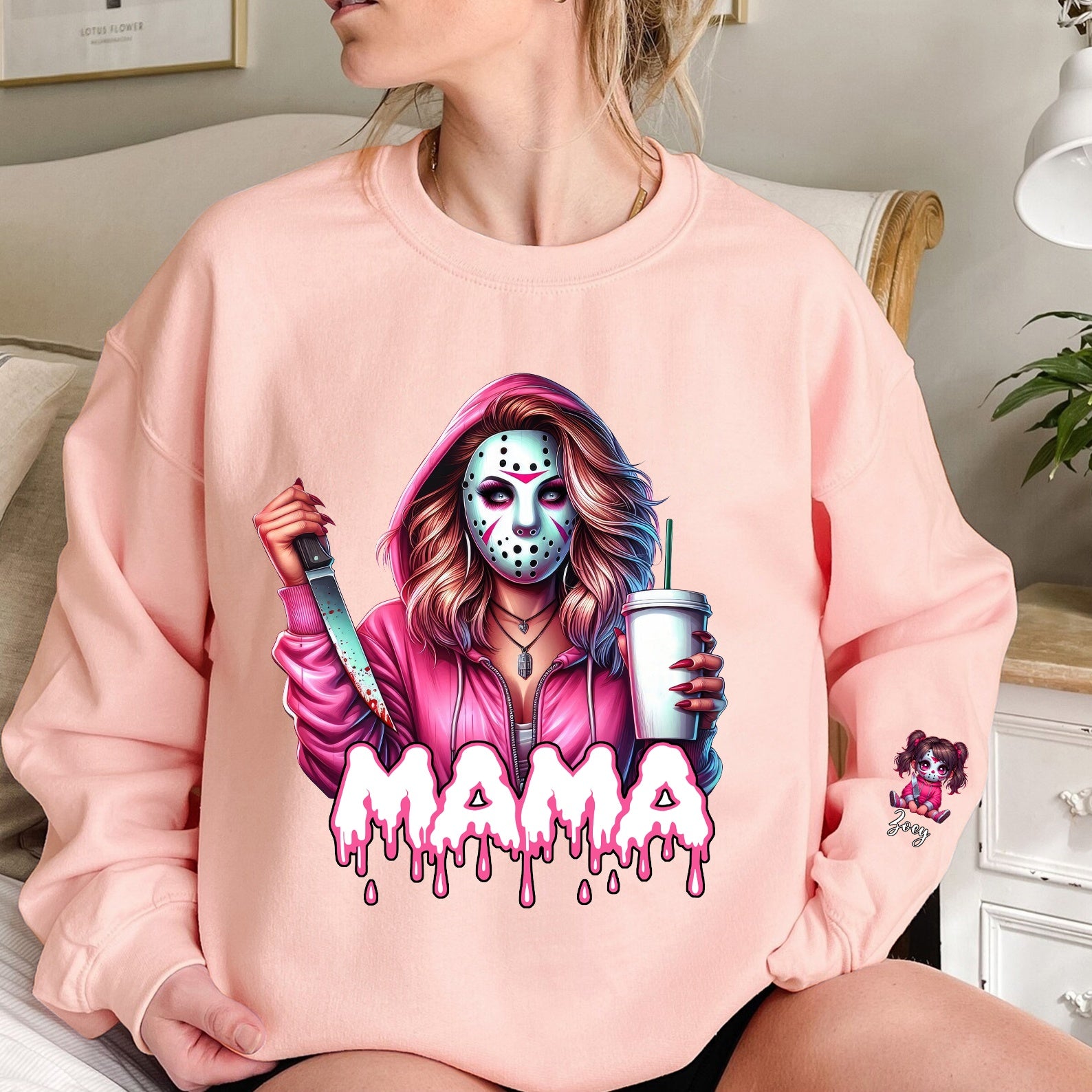 Personalized Halloween Horror Characters MAMA Sweatshirt with Kid's Name