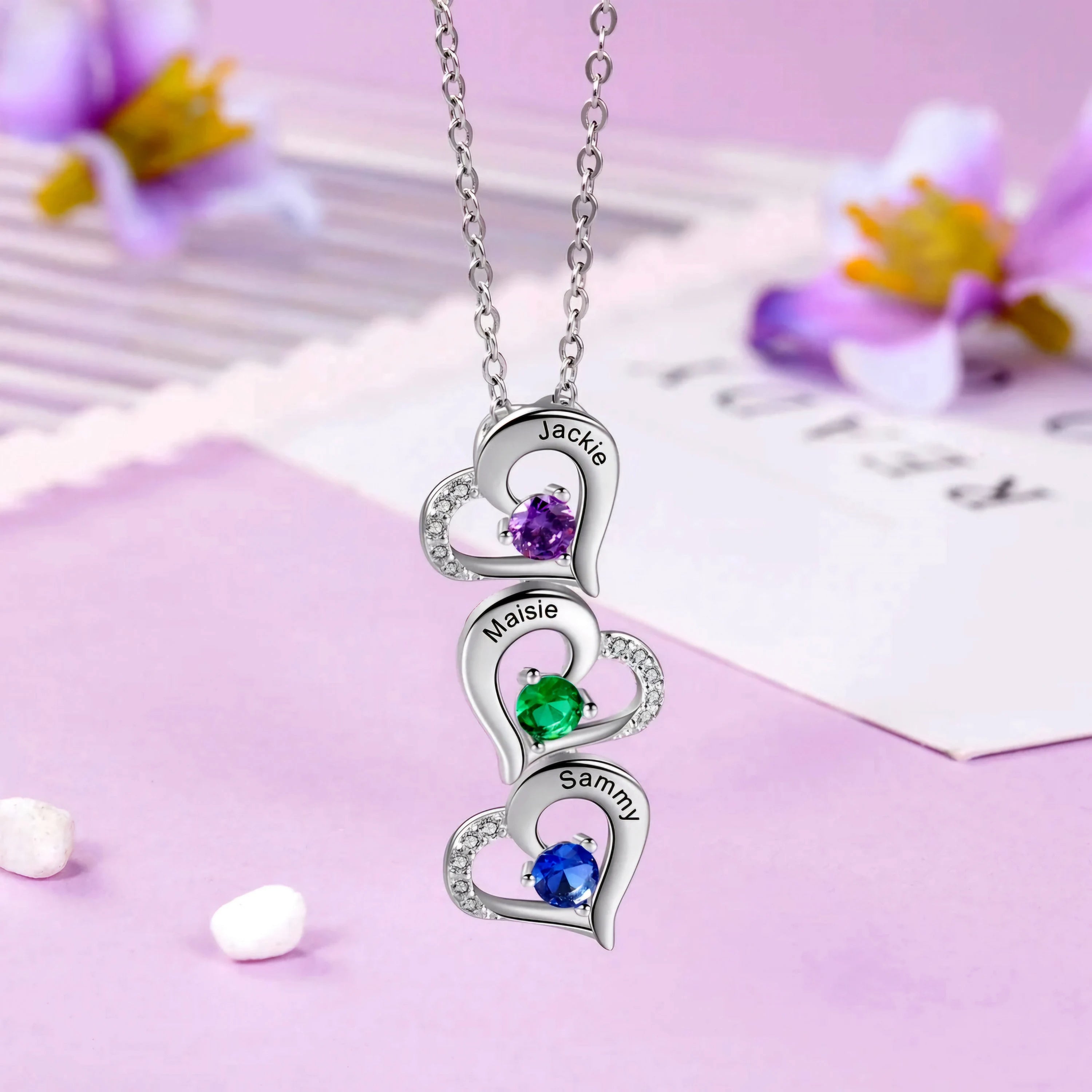Personalized Hearts Necklace With Names and Birthstones