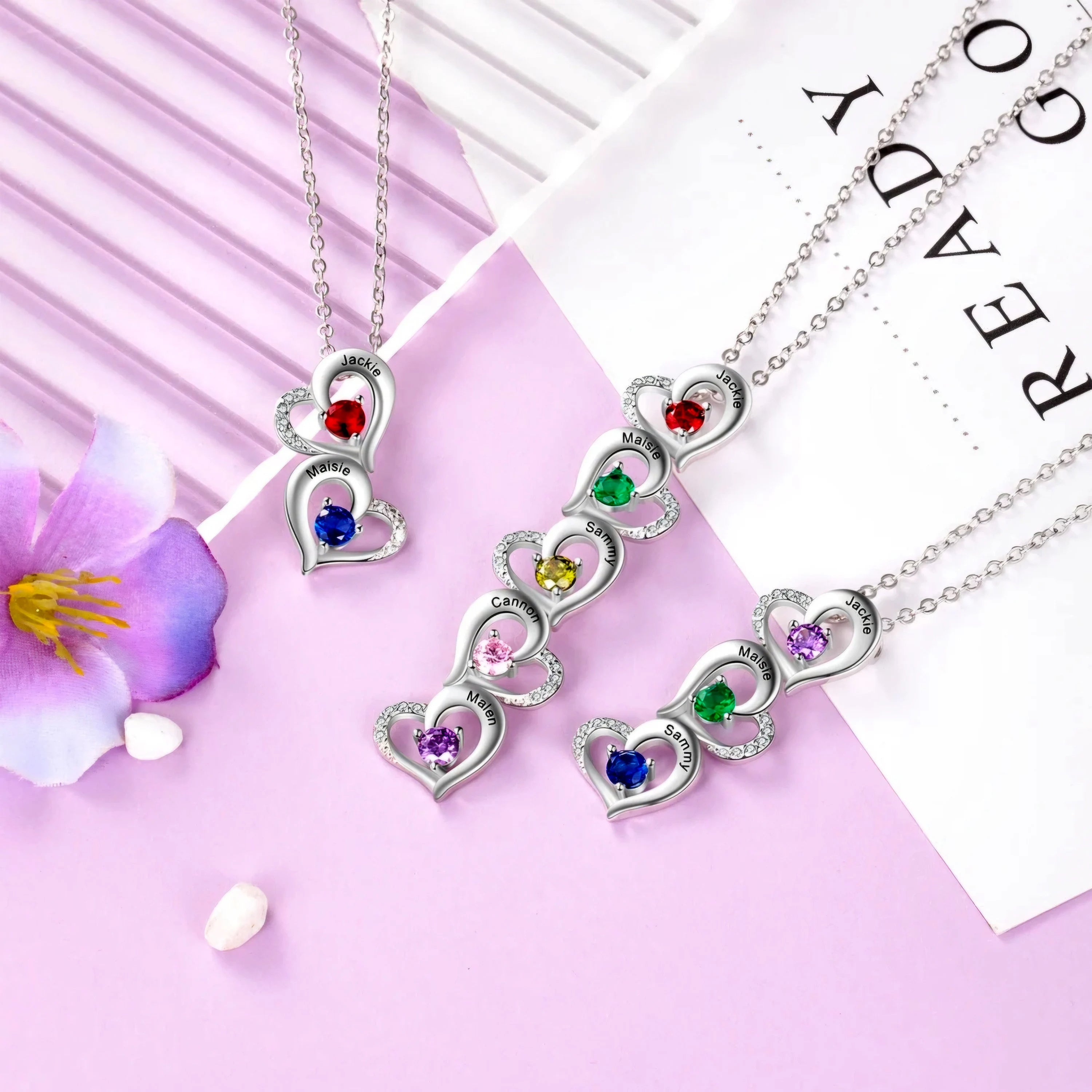 Personalized Hearts Necklace With Names and Birthstones