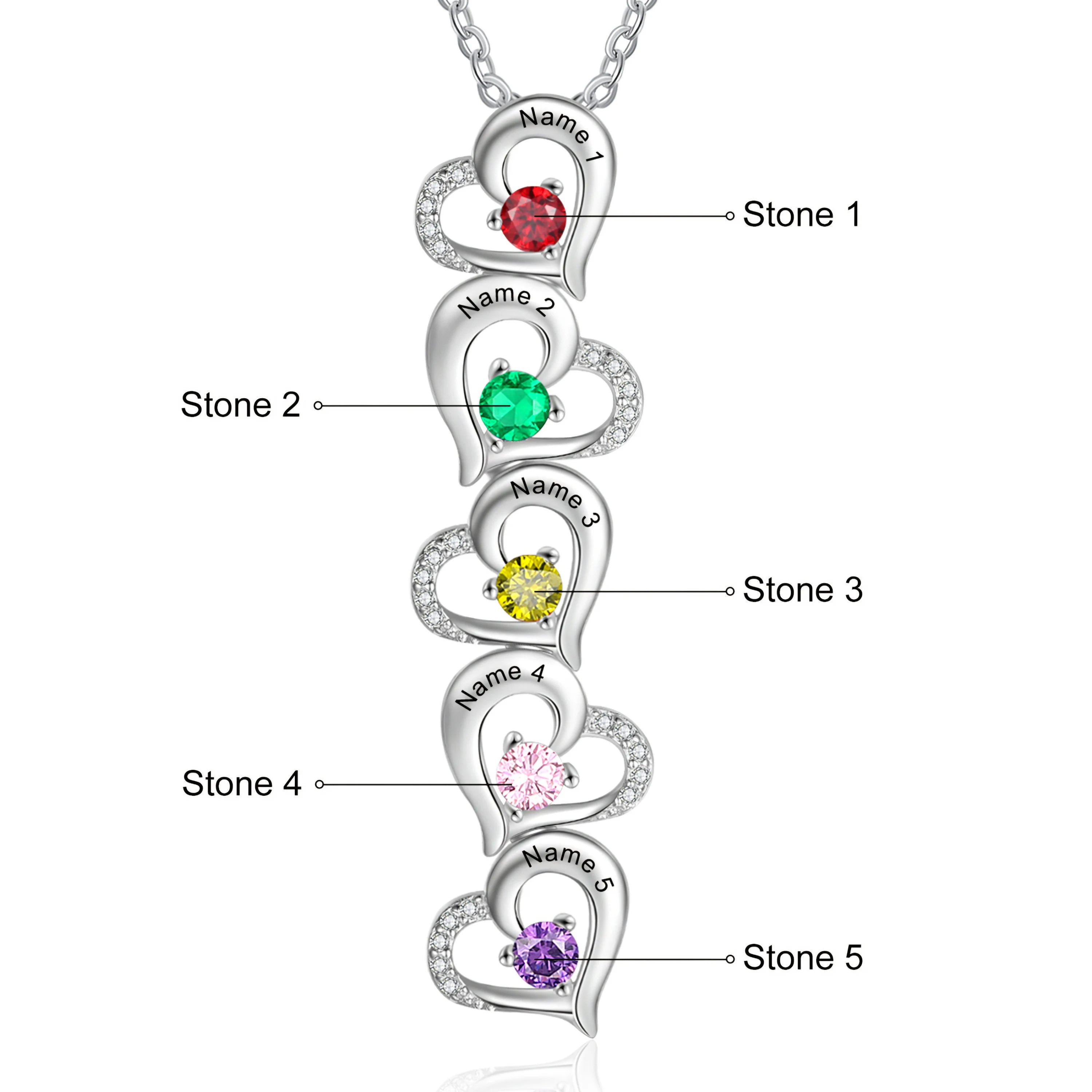 Personalized Hearts Necklace With Names and Birthstones