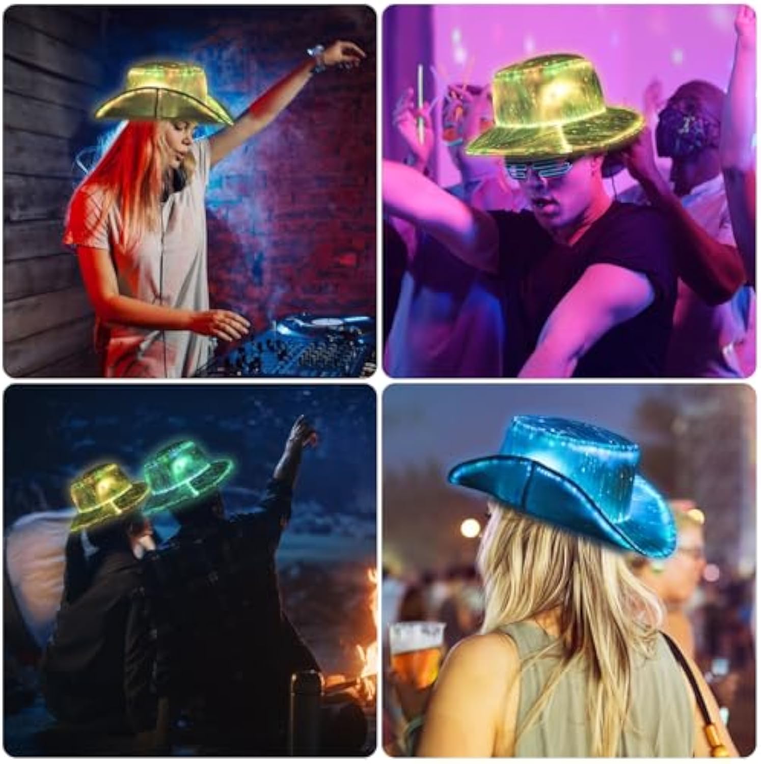 LED Bucket Hat, 7 Colors Rave LED Hats for Men Women Rechargeable Light up LED Cowboy Hat Wide Brim Neon Outfit for Night Dance Party (White)