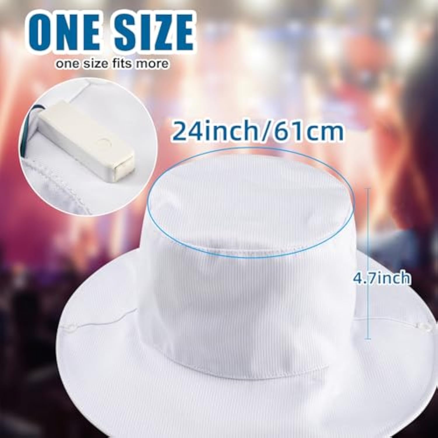 LED Bucket Hat, 7 Colors Rave LED Hats for Men Women Rechargeable Light up LED Cowboy Hat Wide Brim Neon Outfit for Night Dance Party (White)