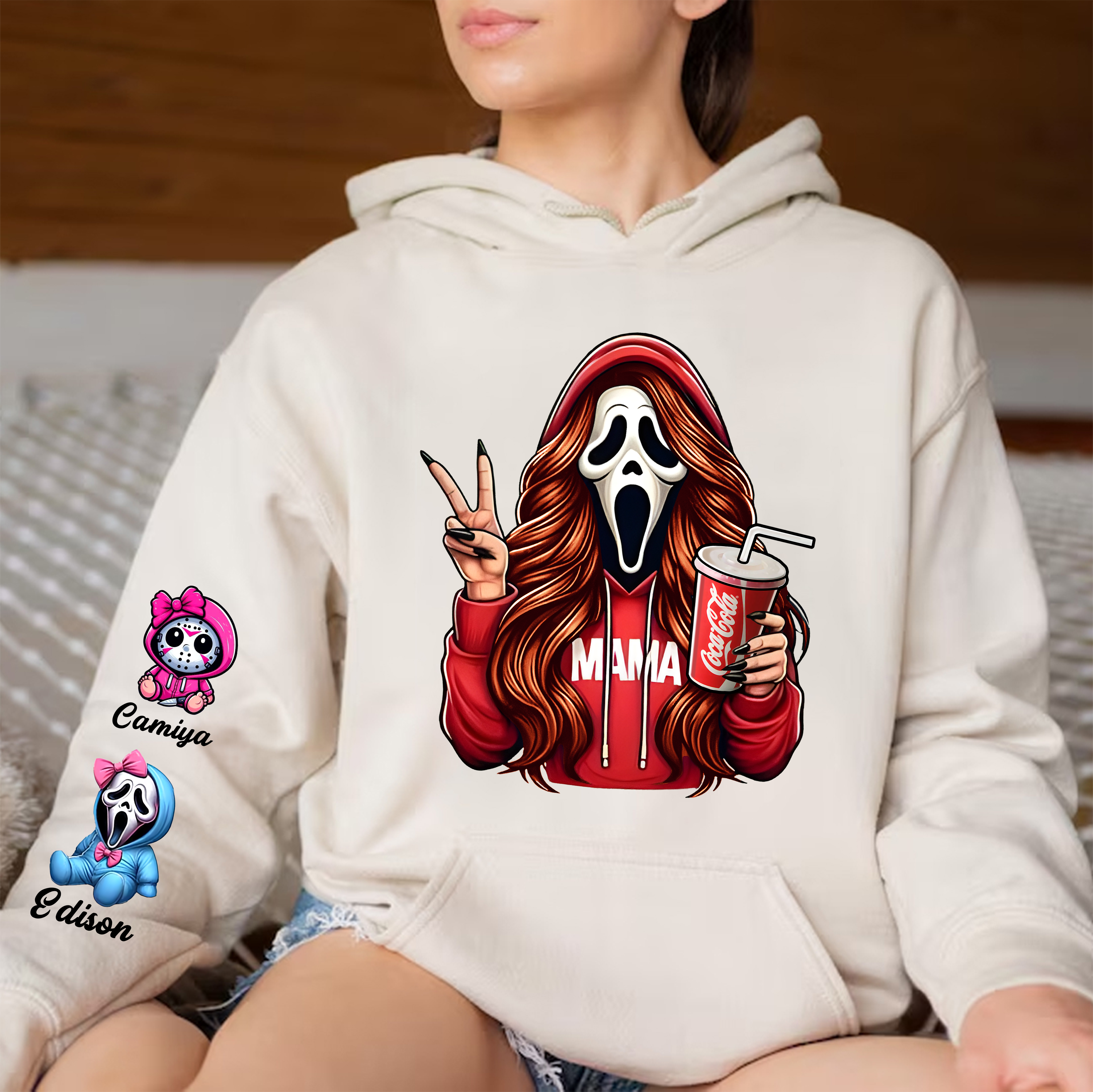 Custom Halloween Ghost Face MAMA Sweatshirt with Kid's Names/Pet's Names on the Sleeve