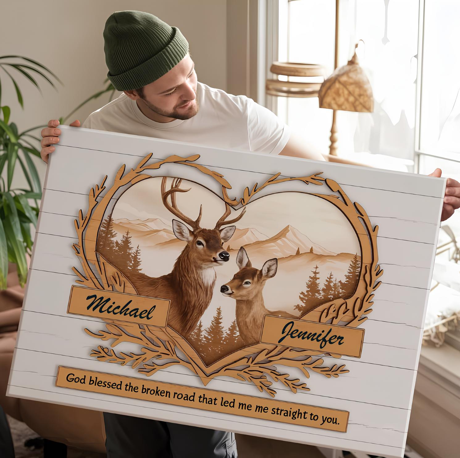 Deer Love Mountains 2 Names Premium Canvas