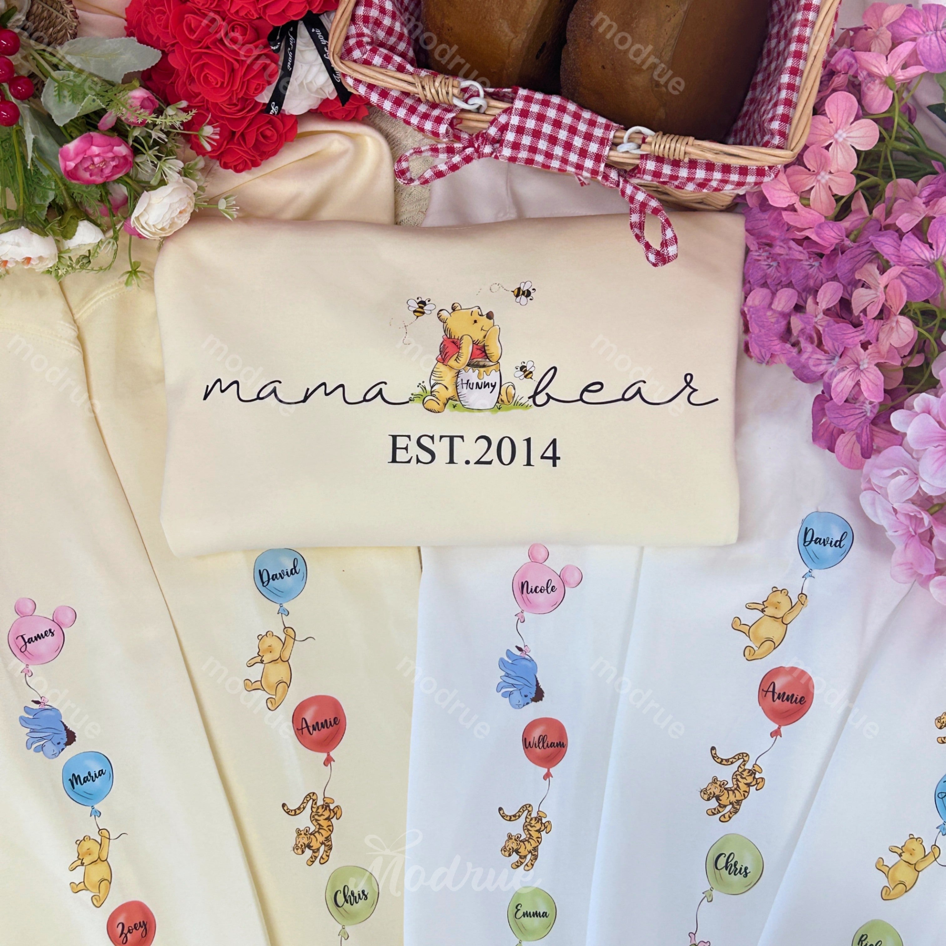 Custom Mama Bear Sweatshirt, Mama Est with Kid Name on Sleeve Sweatshirt