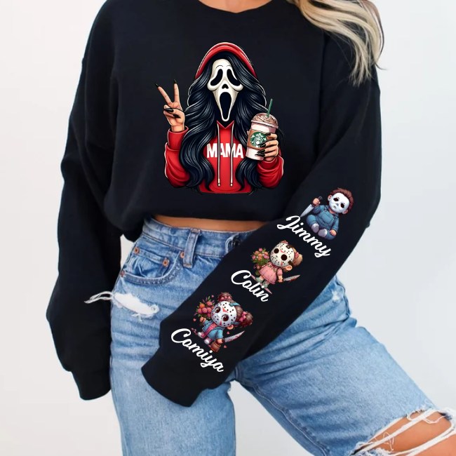 Custom Halloween Ghost Face MAMA Sweatshirt with Kid's Names/Pet's Names on the Sleeve