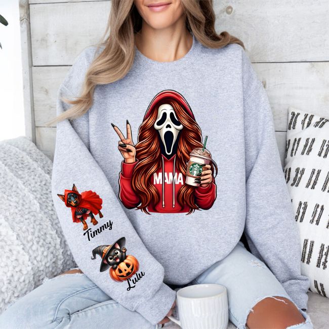 Custom Halloween Ghost Face MAMA Sweatshirt with Kid's Names/Pet's Names on the Sleeve