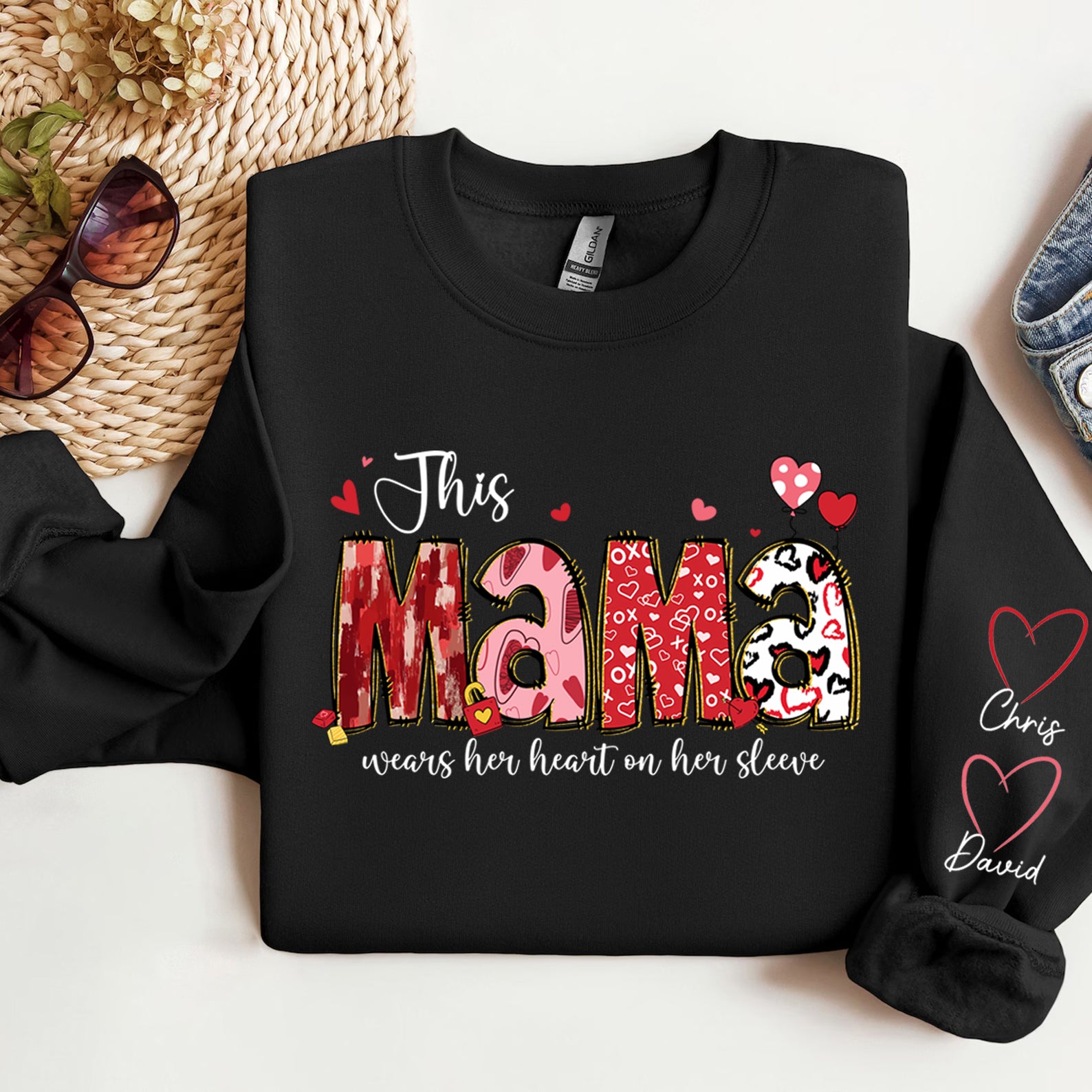 Personalized Heart on Her Sleeve Mom Sweatshirt