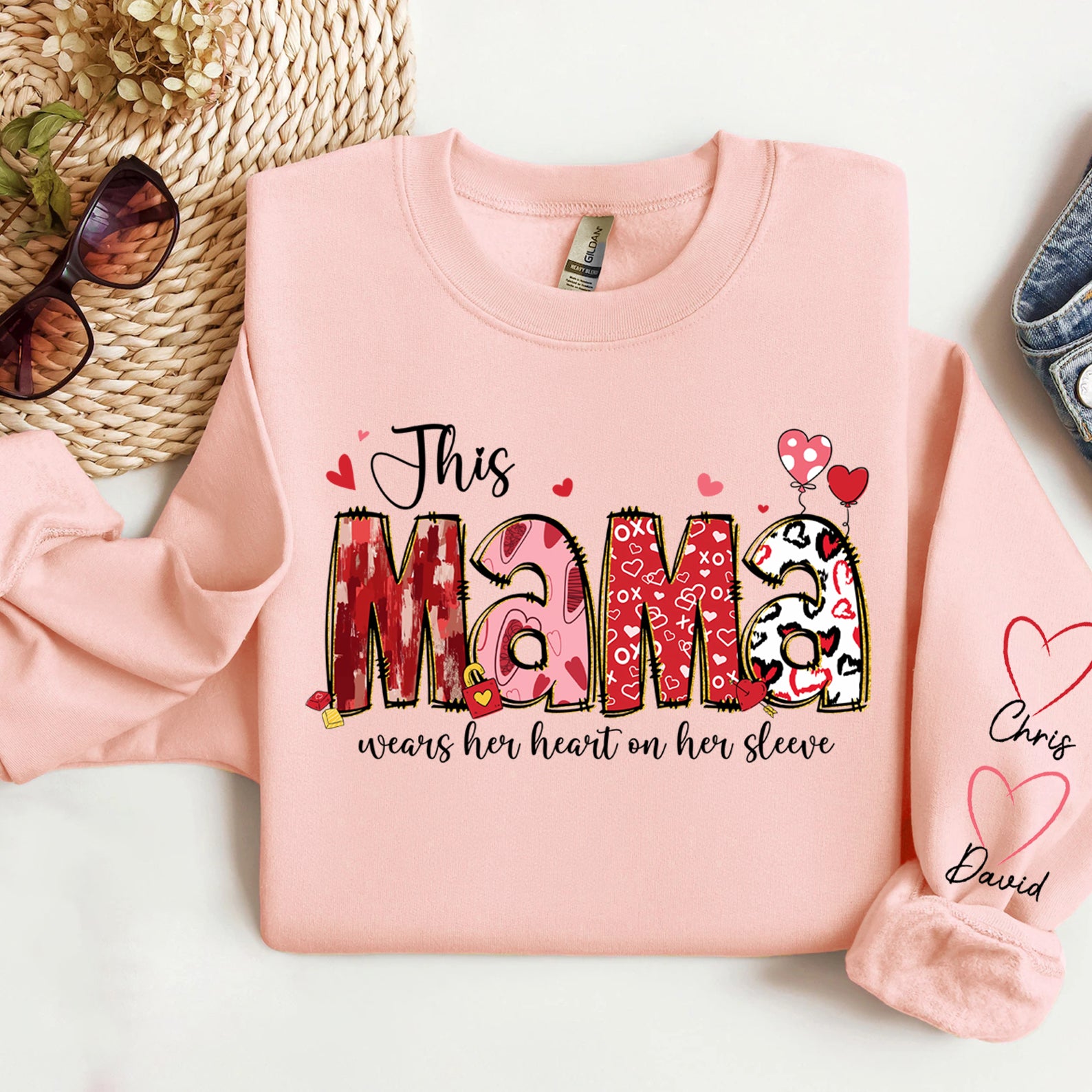 Personalized Heart on Her Sleeve Mom Sweatshirt