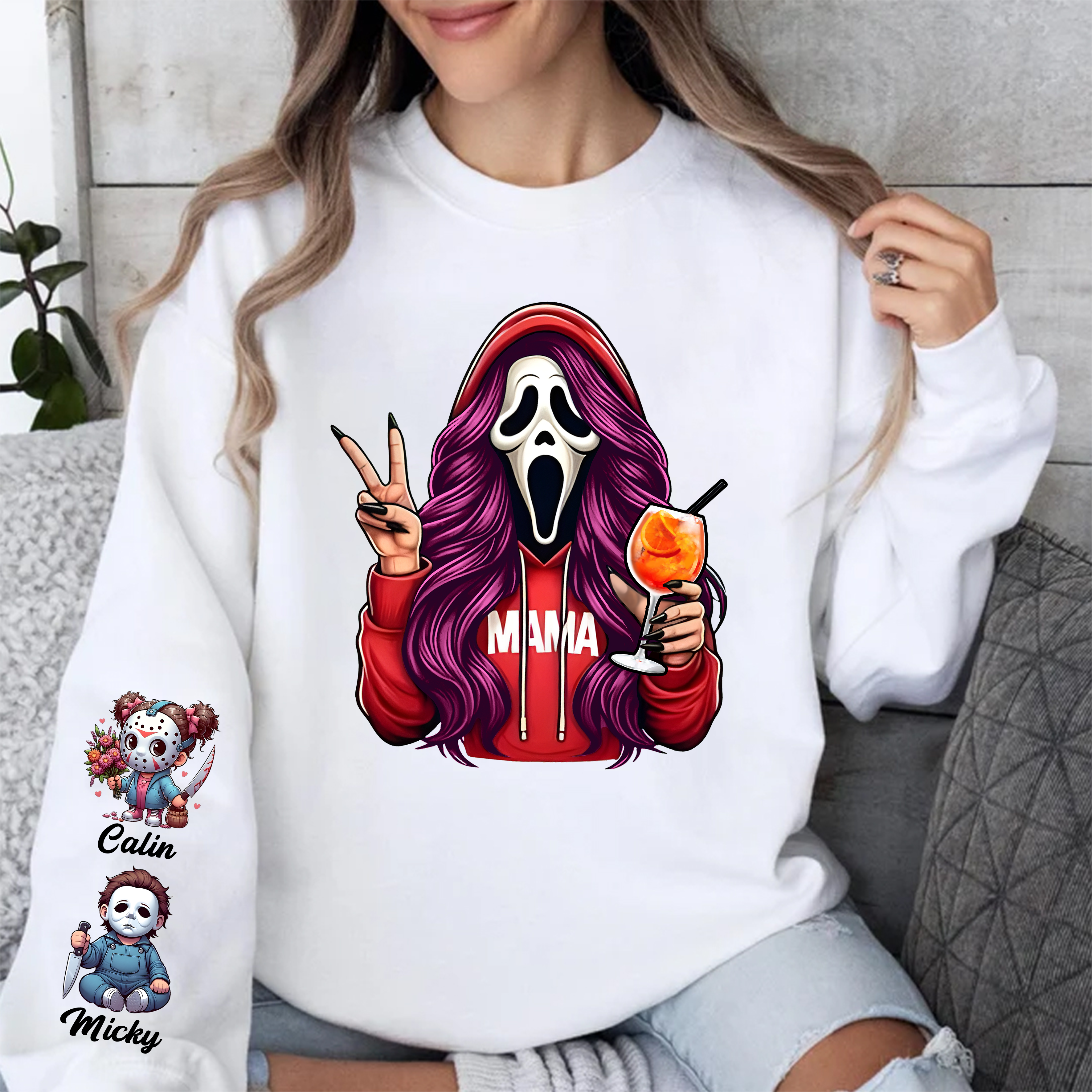Custom Halloween Ghost Face MAMA Sweatshirt with Kid's Names/Pet's Names on the Sleeve