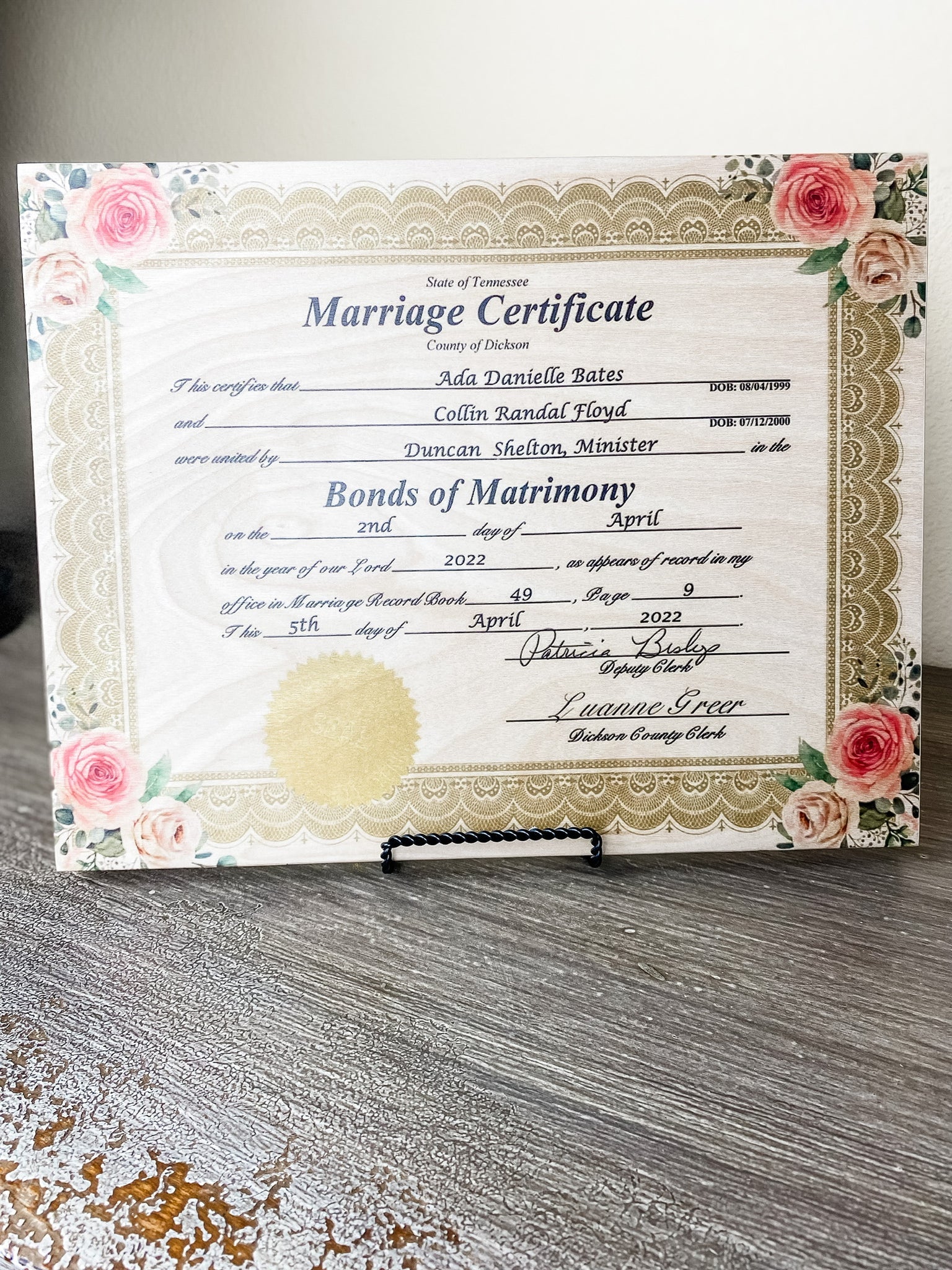Marriage Certificates on Wood