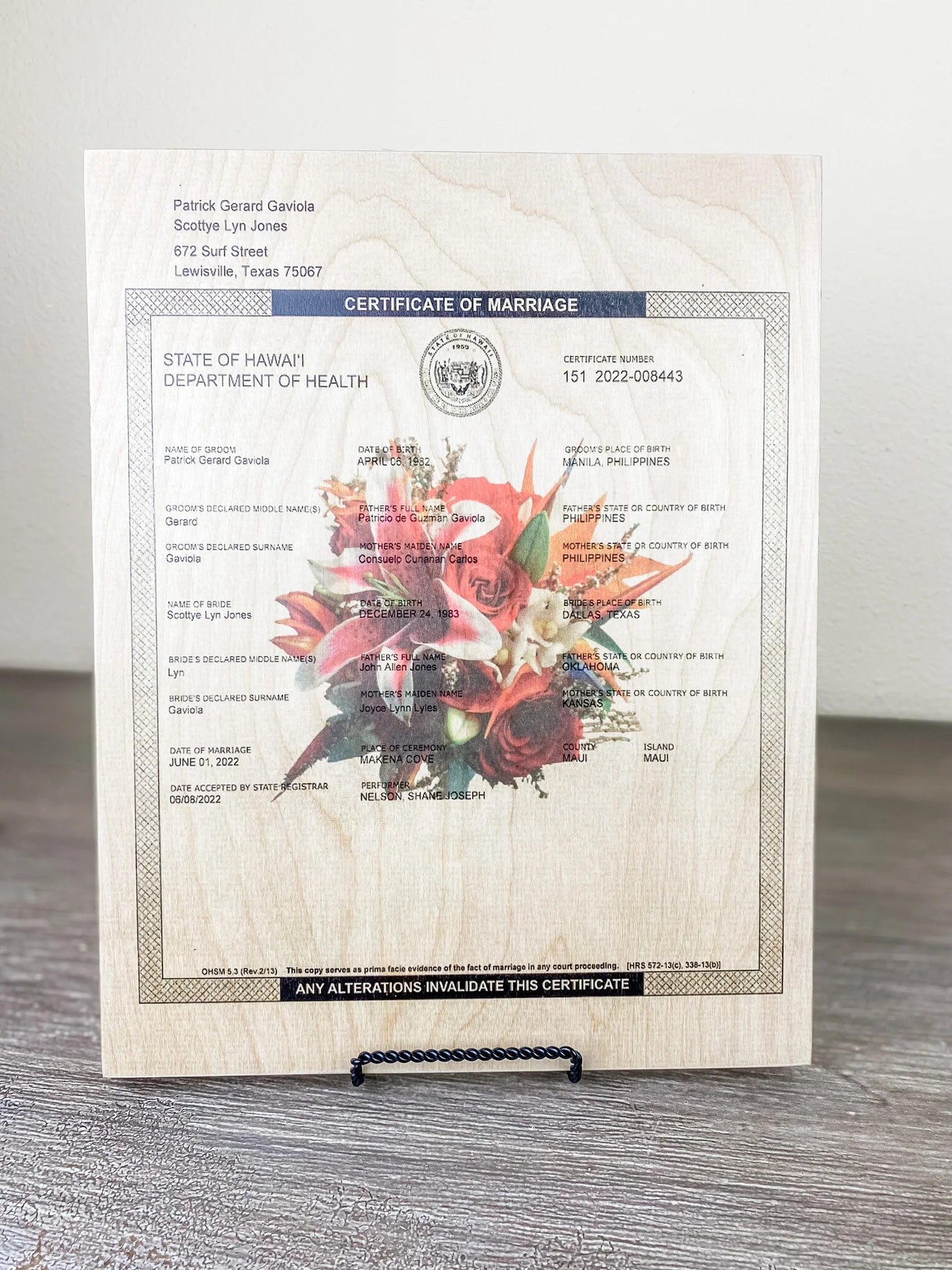 Marriage Certificates on Wood