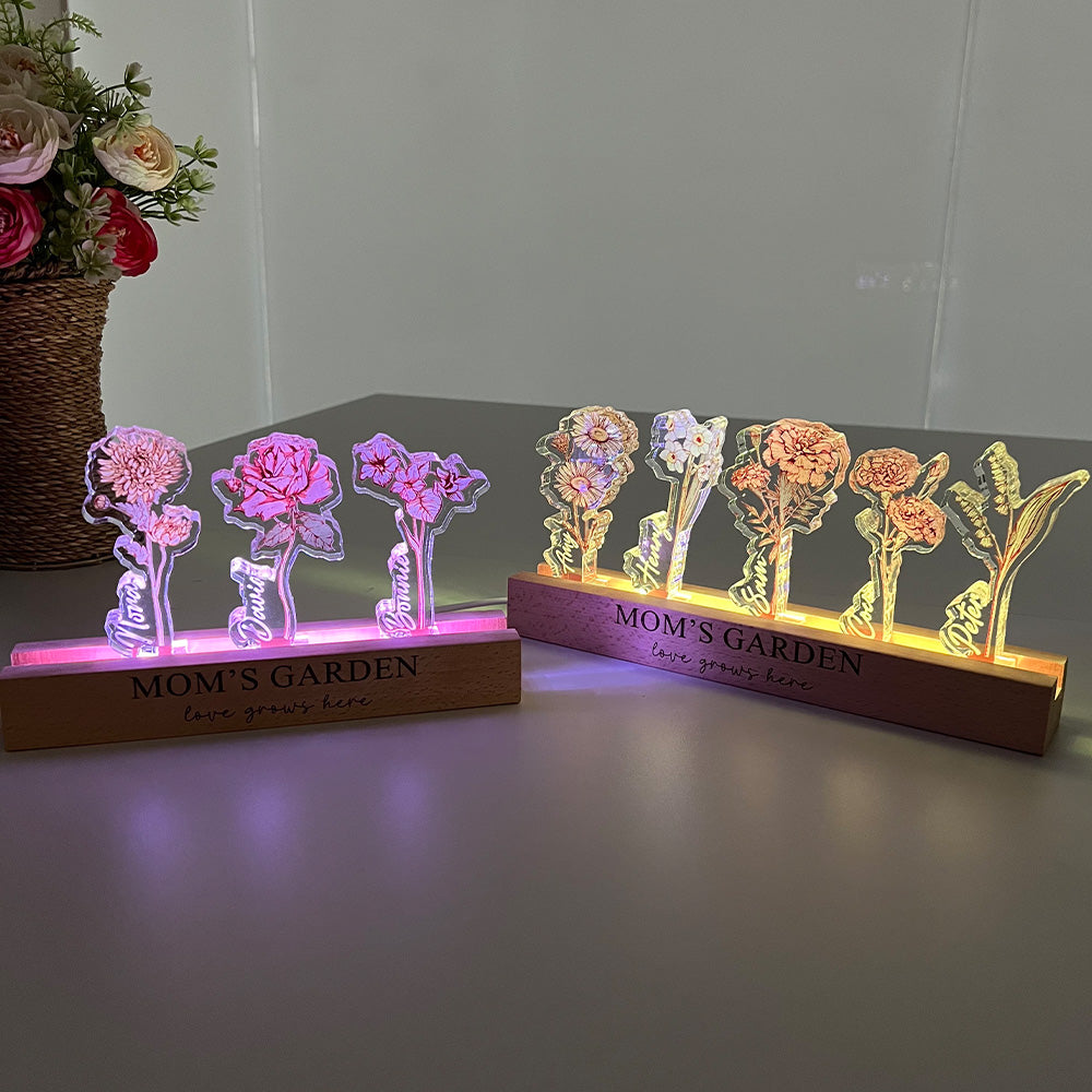 50%OFFâœ¨Custom Birth Flower 3D Crystal Acrylic LED Light  With Children's Names