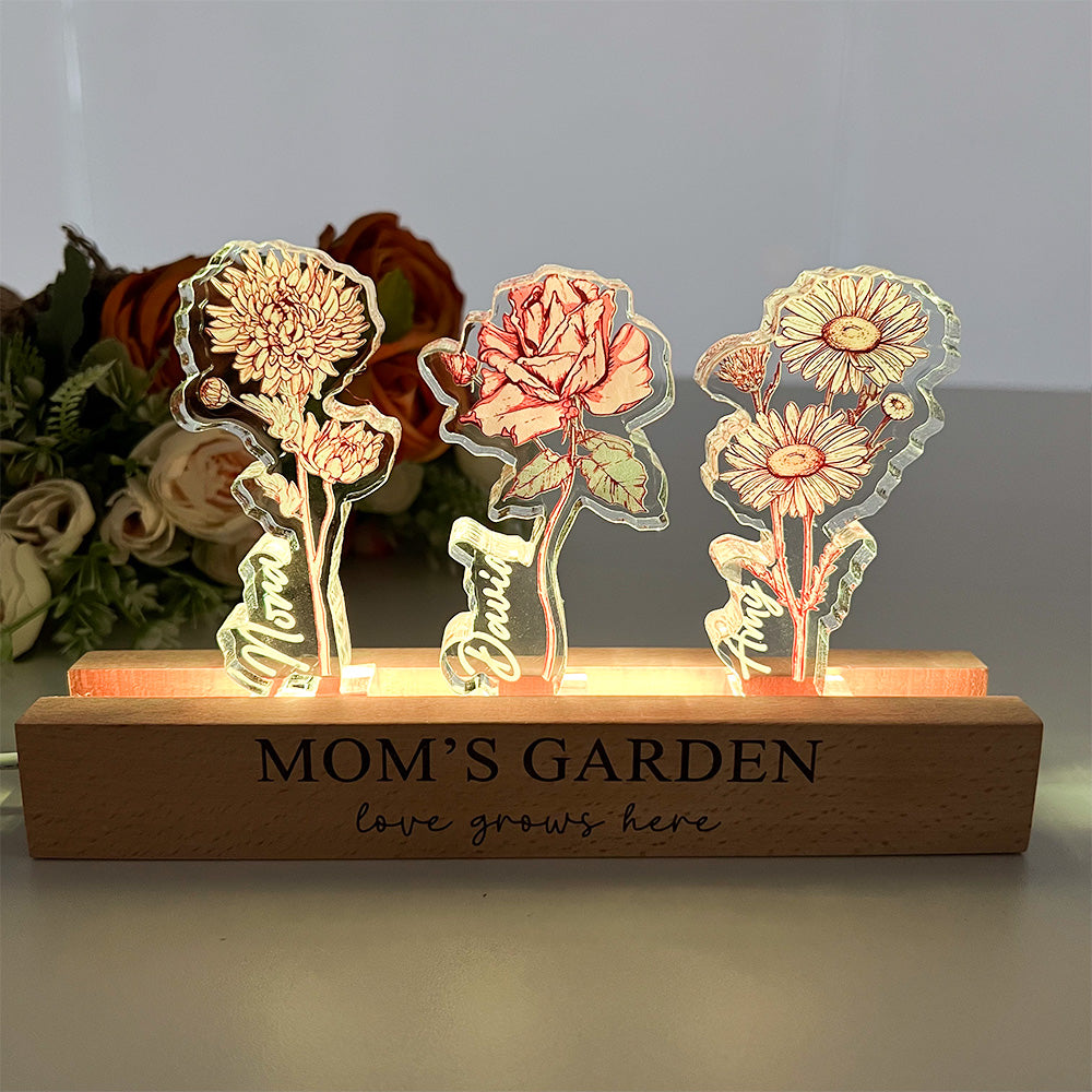 50%OFFâœ¨Custom Birth Flower 3D Crystal Acrylic LED Light  With Children's Names