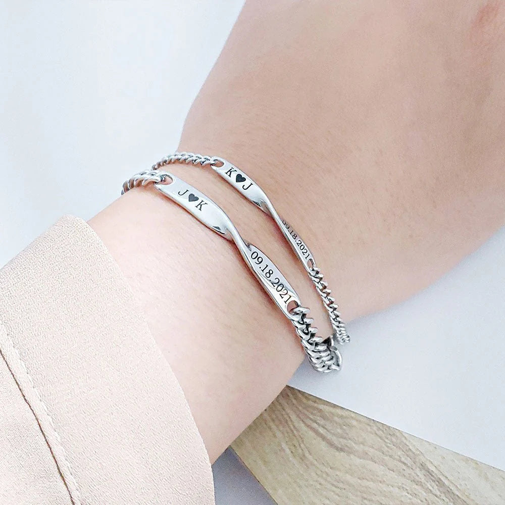 Twisted Name & Date Couples Bracelets