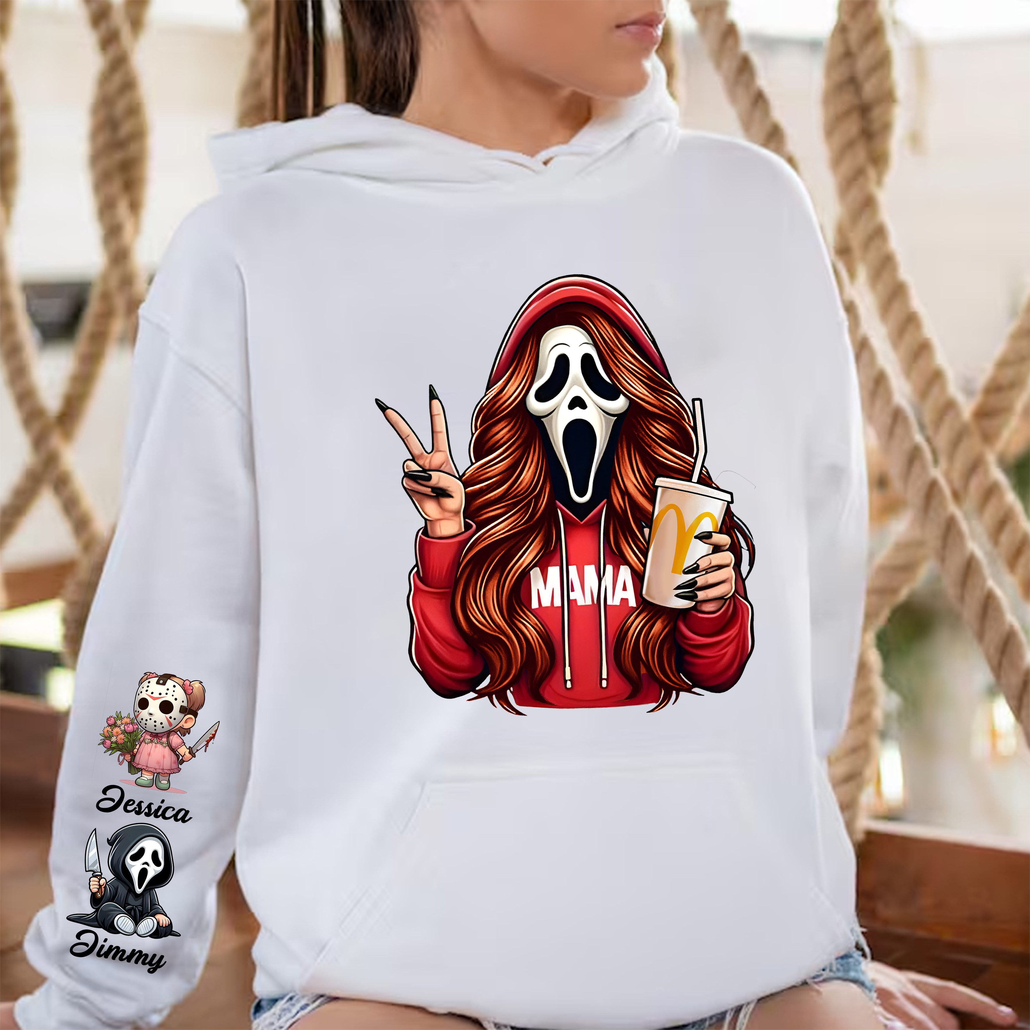 Custom Halloween Ghost Face MAMA Sweatshirt with Kid's Names/Pet's Names on the Sleeve