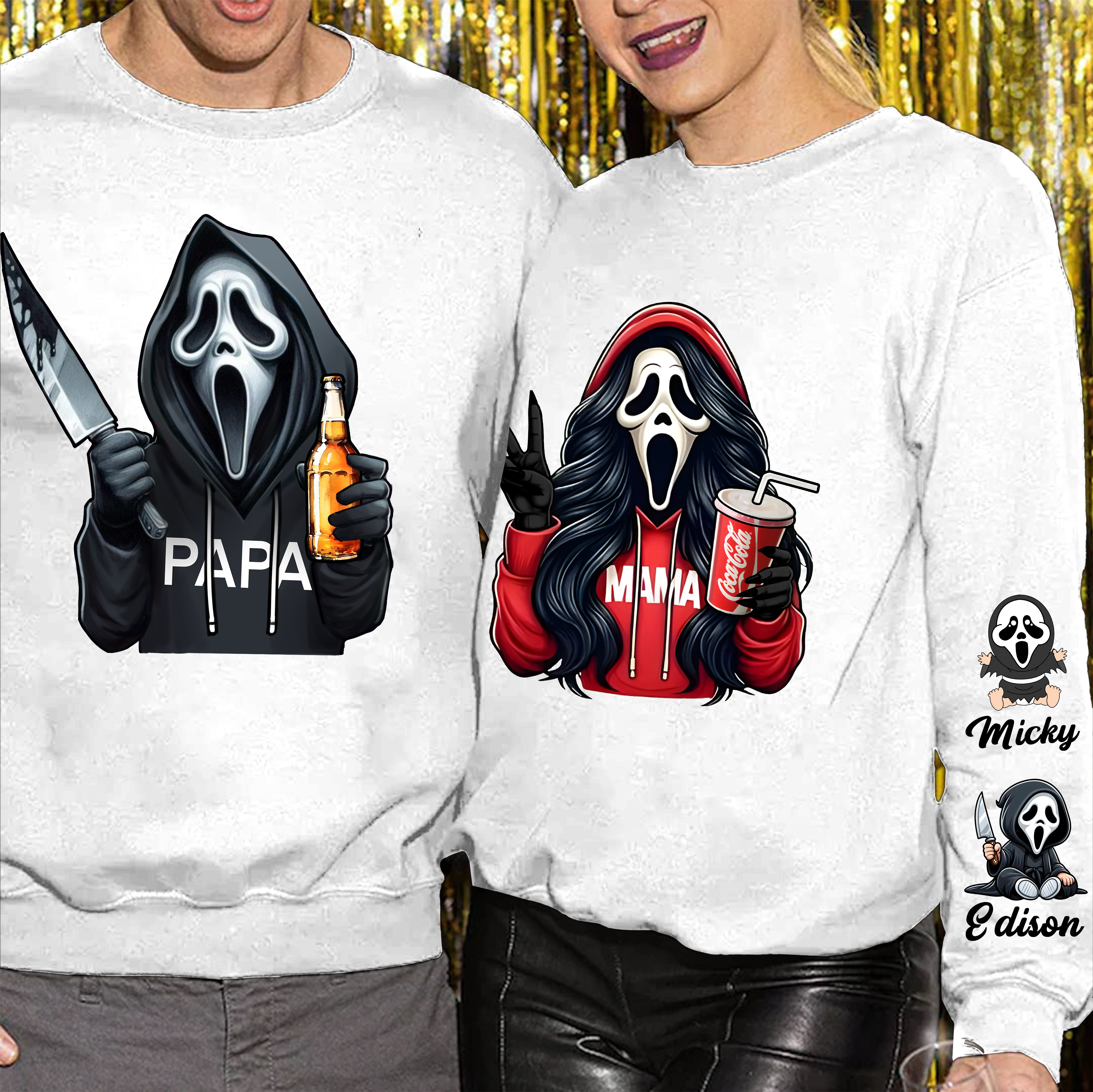 Custom Halloween Ghost Face MAMA Sweatshirt with Kid's Names/Pet's Names on the Sleeve