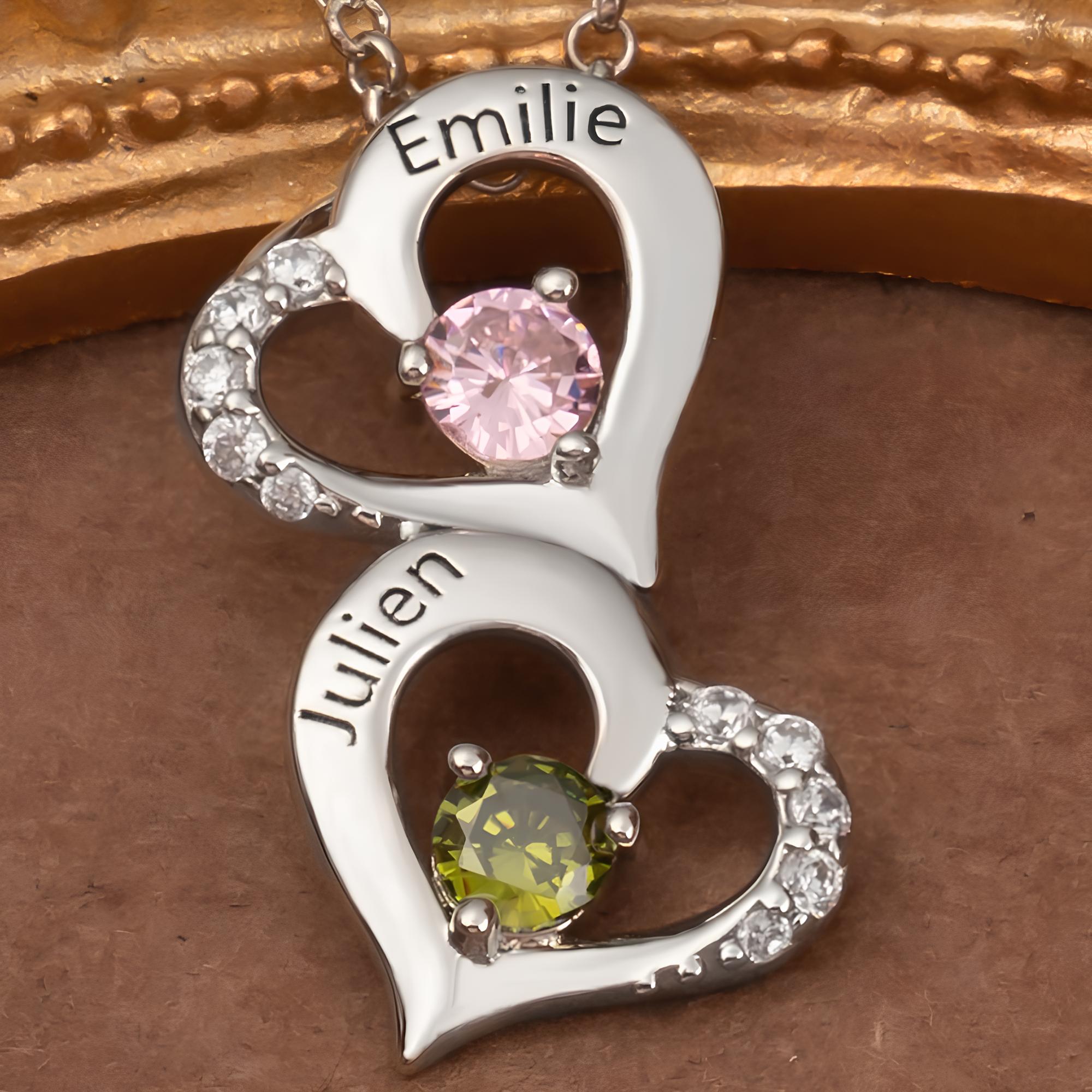 Personalized Hearts Necklace With Names and Birthstones