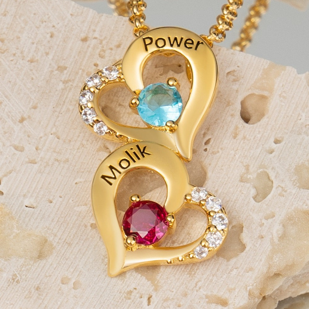 Personalized Hearts Necklace With Names and Birthstones
