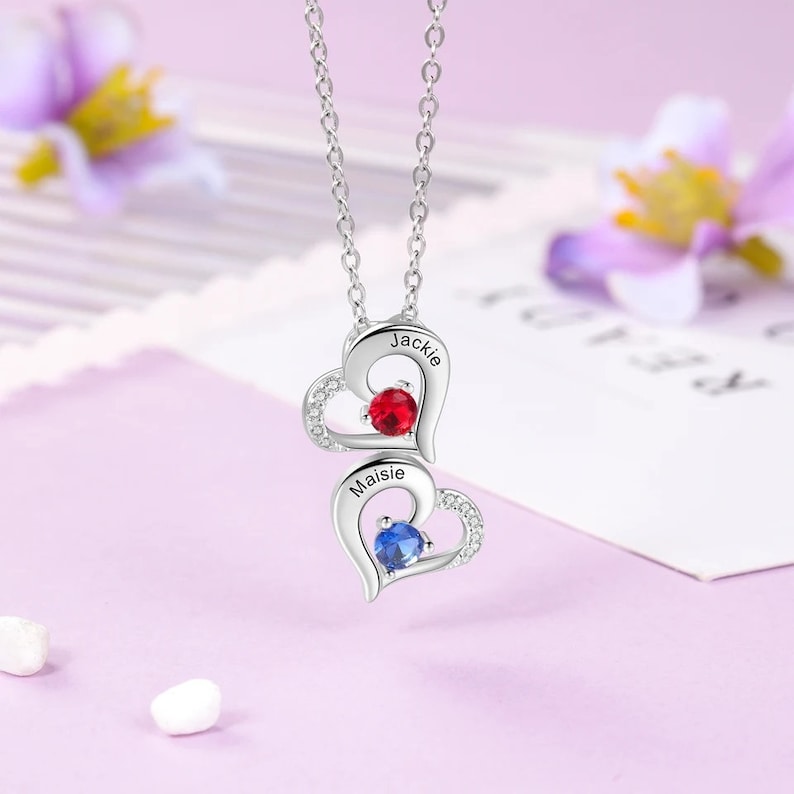 Personalized Hearts Necklace With Names and Birthstones