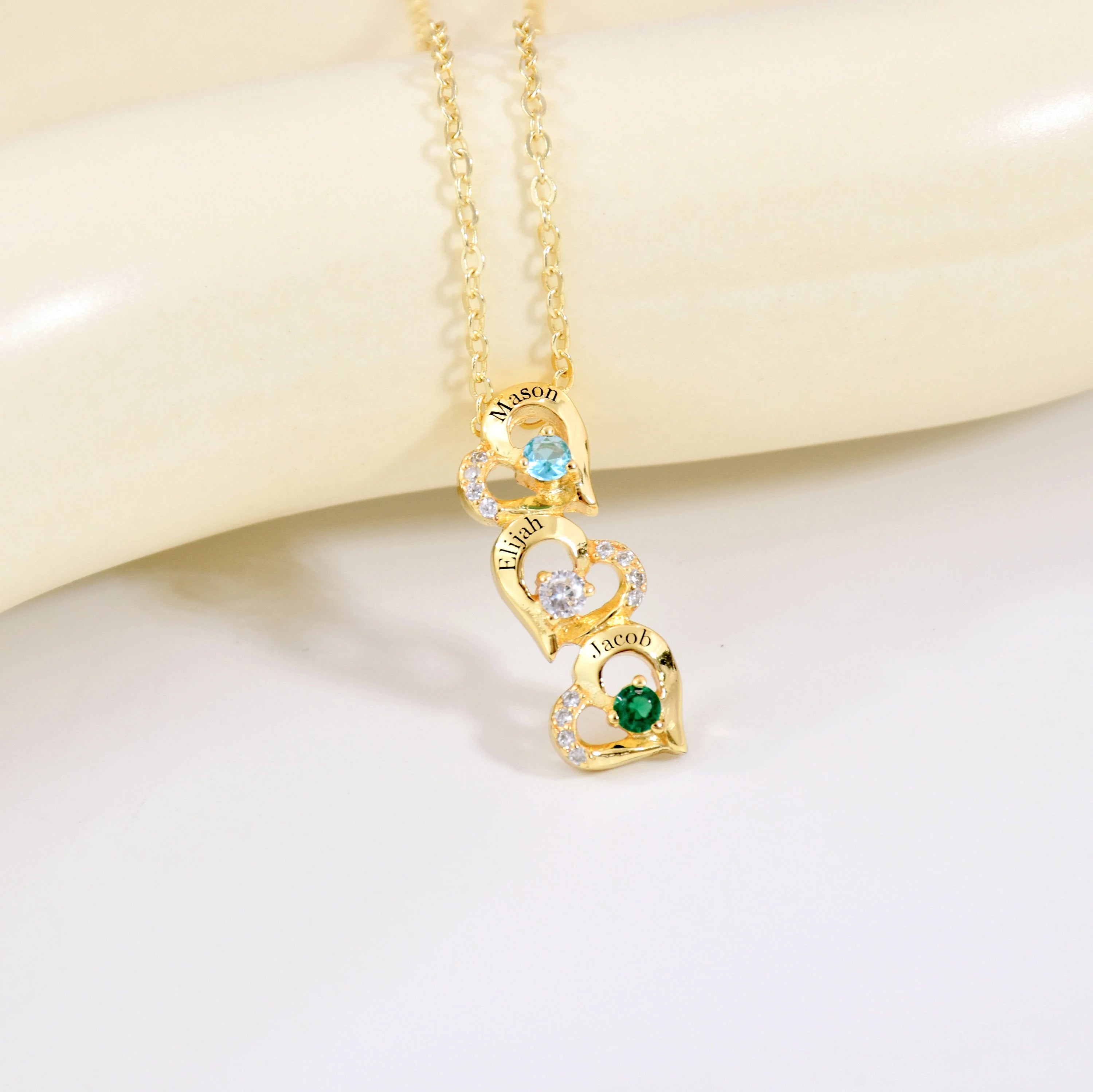 Personalized Hearts Necklace With Names and Birthstones