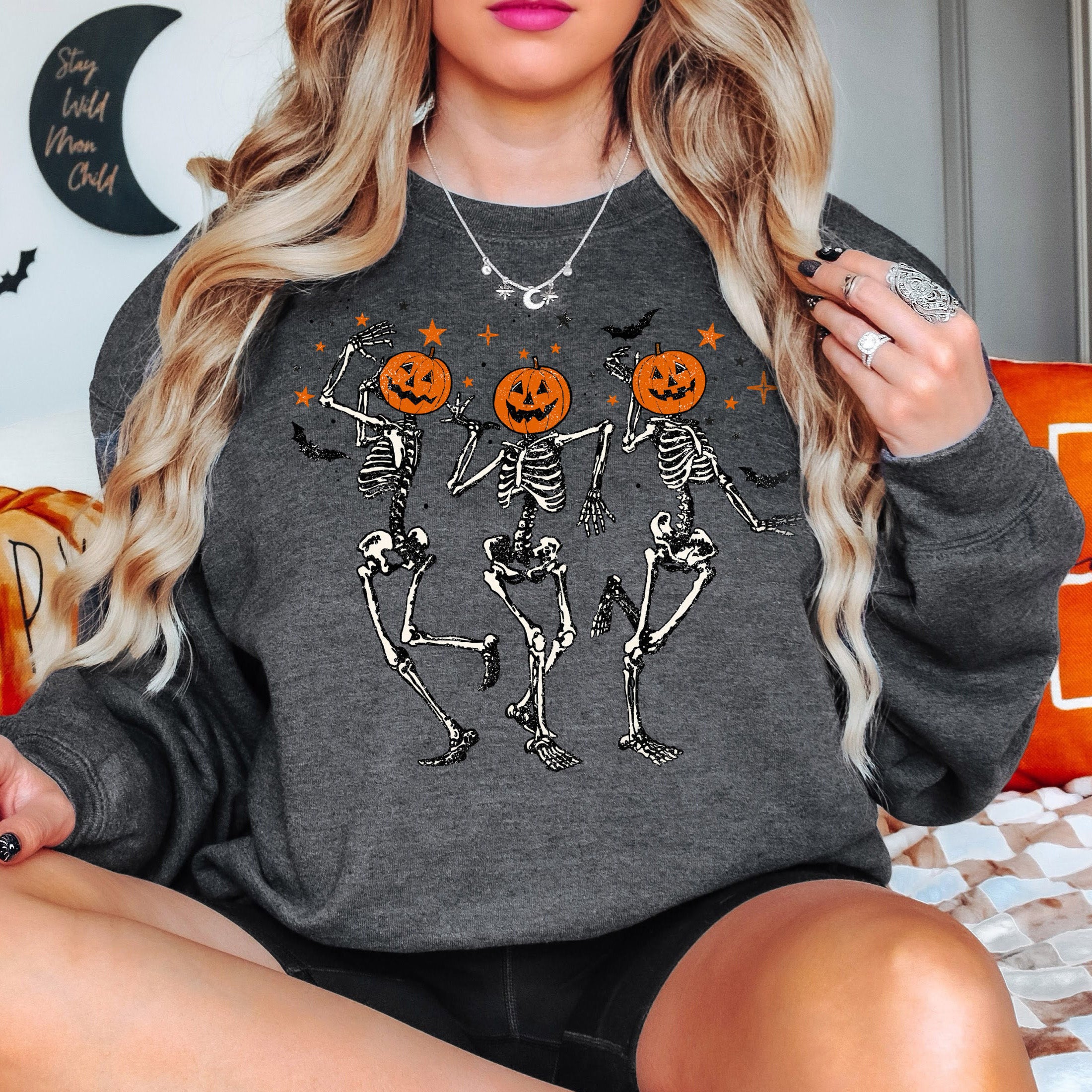 Skeleton Halloween Shirt, Pumpkin Halloween Sweatshirt