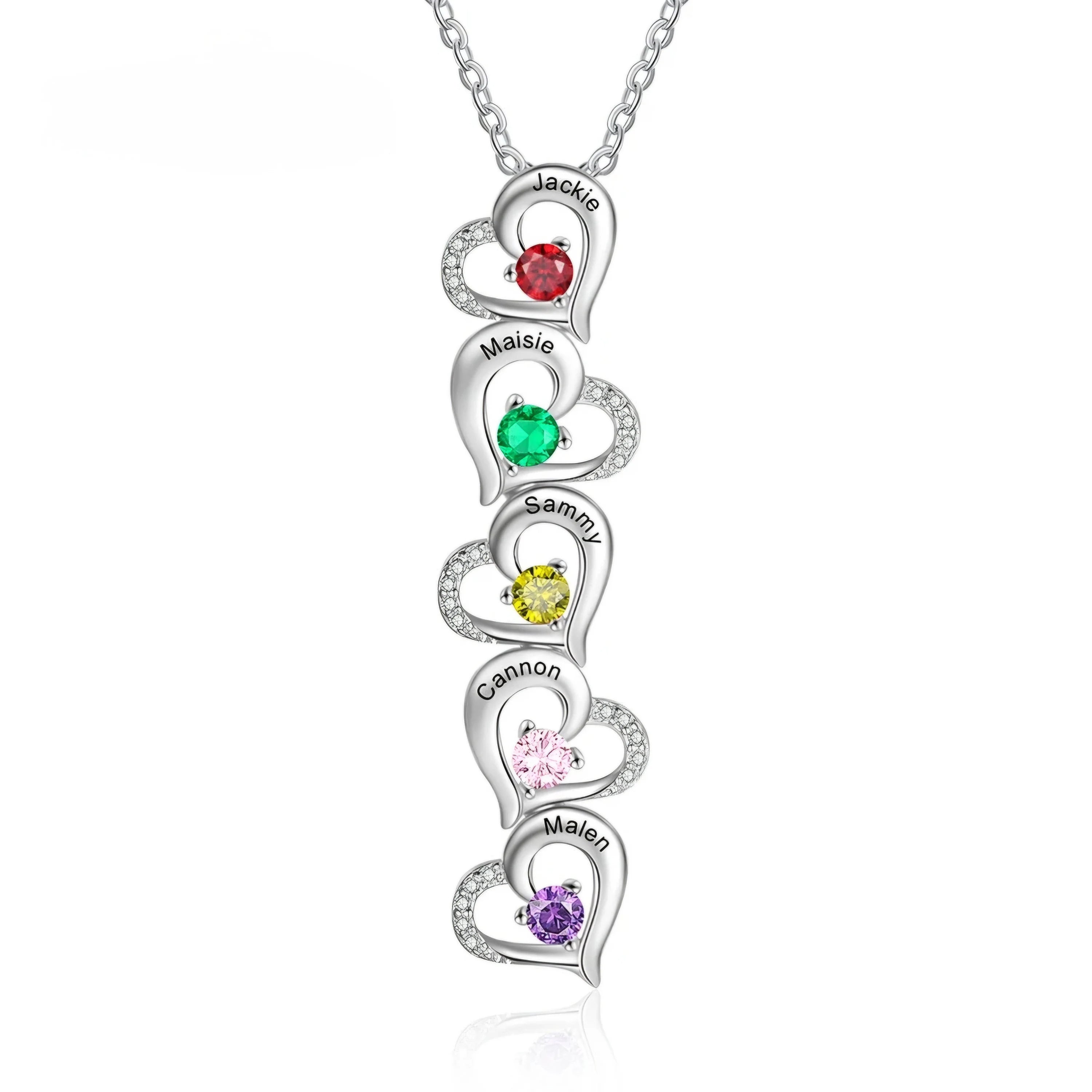 Personalized Hearts Necklace With Names and Birthstones