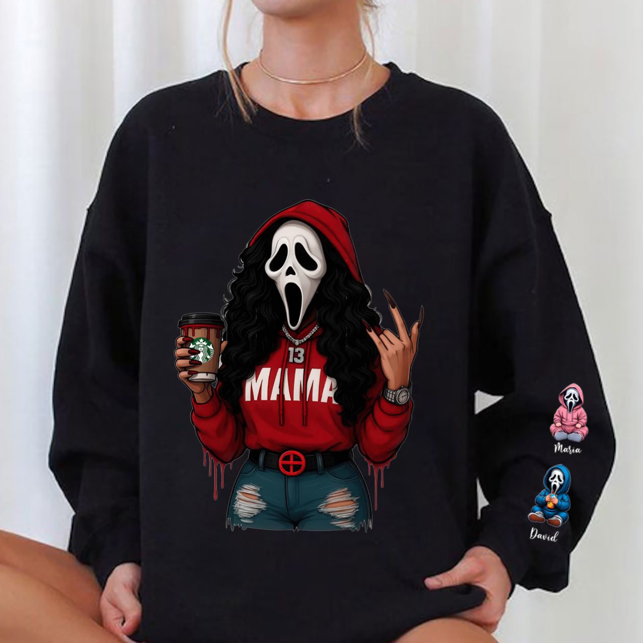 Personalized Halloween Horror Characters MAMA Sweatshirt with Kid's Name