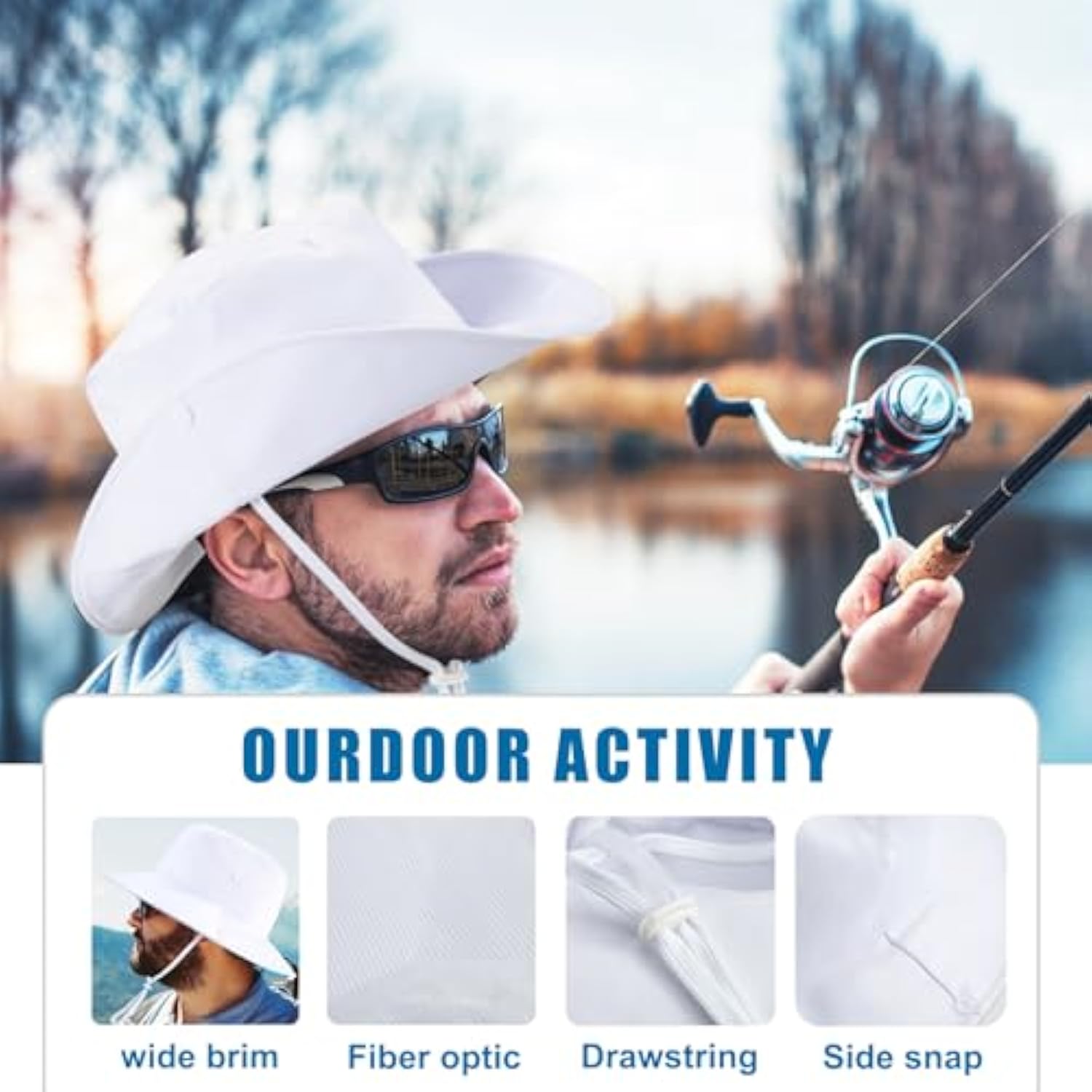 LED Bucket Hat, 7 Colors Rave LED Hats for Men Women Rechargeable Light up LED Cowboy Hat Wide Brim Neon Outfit for Night Dance Party (White)